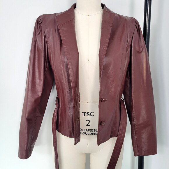 Vintage Leather Loft 100% Leather OxBlood Burgundy Belted Jacket Size 9/10 - Picture 3 of 14